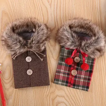 

1 Pc Christmas Wine Bottle Cover Bowknot Burlap Fur Cover Christmas Bottle For Home Party Decoration Table Gift Wine Collar K3A8