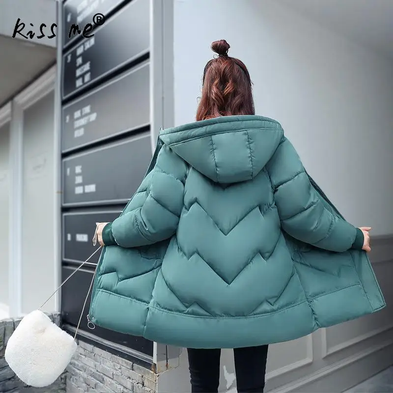 Loose Casual Winter Hooded Outdoor Down Coat Women Solid Cotton Clothing Thermal Warm Coat Windproof Mid-Long Jacket Female