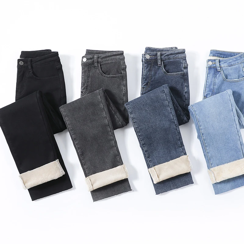 

Straight Fleece Jeans Women Autumn Winter High Waist Casual Vintage Elasticity Velvet Women's Jeans Denim Trousers