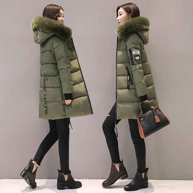 Корейское модное зимнее пальто, женское хлопковое пуховое пальто средней длины, большой размер, приталенная парка, женское меховое пальто с капюшоном AN1405 - Цвет: army green