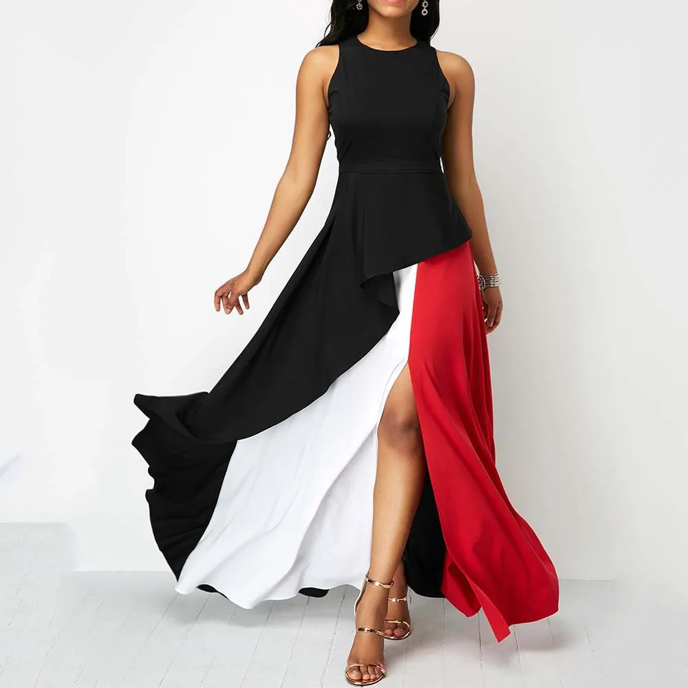 Large Size Brand WOMEN'S Dress AliExpress Mid-length Mixed Colors Crew Neck Big Hemline Party Flounced Skirt