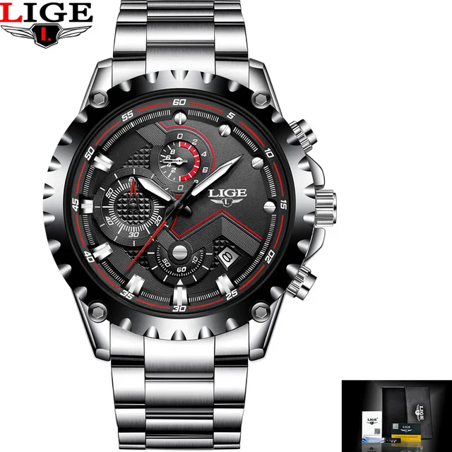Silver Black S Мужские часы LIGE от ведущего бренда, Роскошные военные спортивные часы, мужские водонепроницаемые часы из нержавеющей стали, повседневные Модные кварцевые наручные часы+ коробка - Цвет: Silver Black S