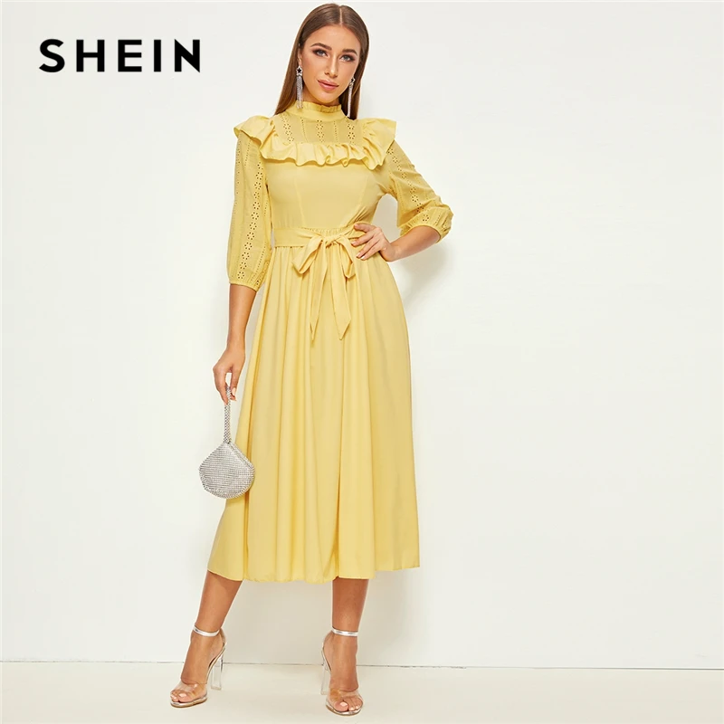 SHEIN женское платье с декоративной оборкой и поясом, весенне-осеннее длинное платье, приталенное и расклешенное ТРАПЕЦИЕВИДНОЕ элегантное платье в стиле ампир