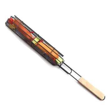 

Bbq Barbecue Tools Barbecue Nets Grilled Fish Net Clips Grilled Vegetable Basket Wooden Handle Barbecue Sausage Cage