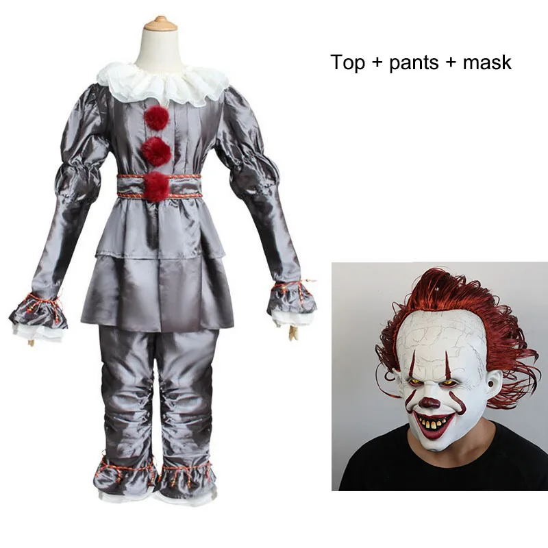 Ужас клоун Pennywise Косплей Костюм Серебряное платье+ латексная маска для женщин и мужчин Хэллоуин Карнавал смешные Джокер костюмы убийц взрослых