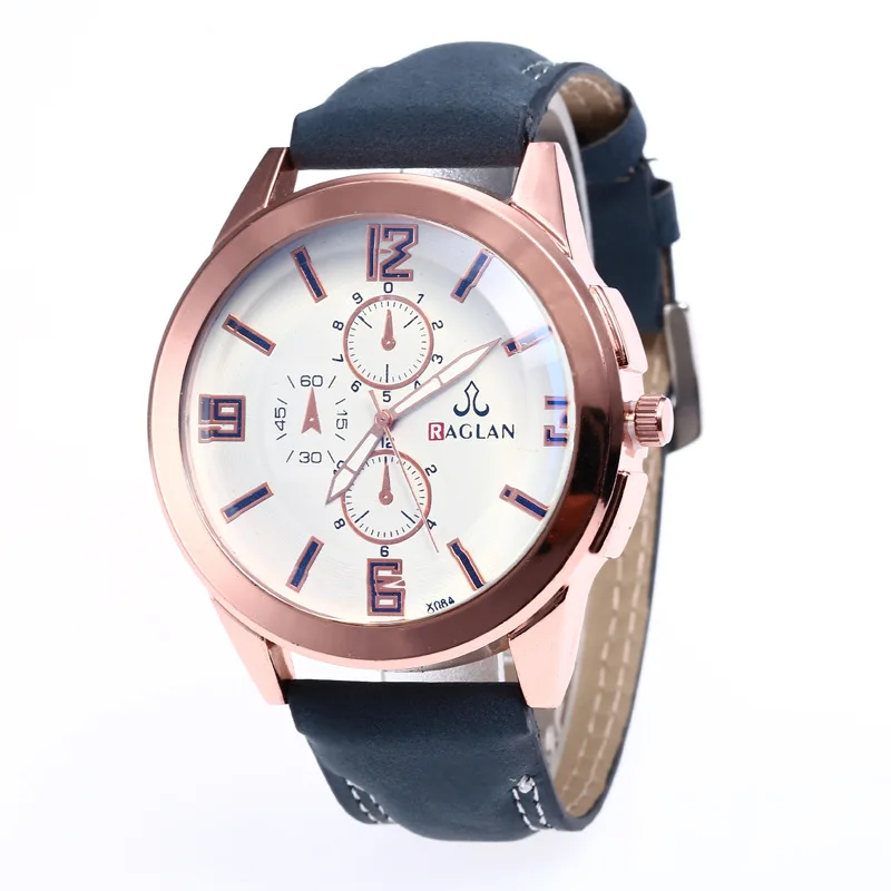 

Raglan Leave Three Eye 3 with Numbers Men's Blueray Casual Leather Belt Watch