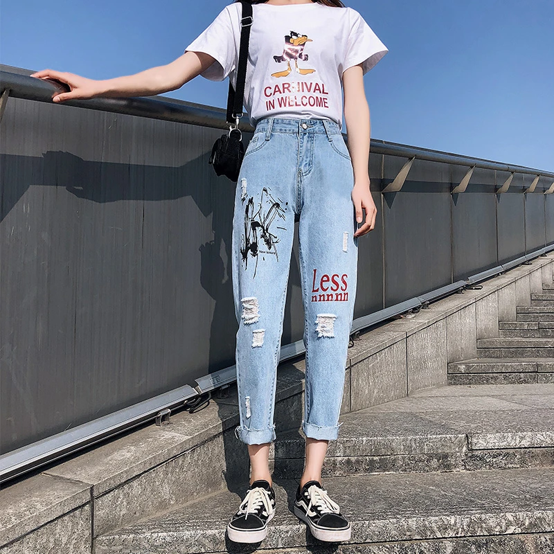 Spring Summer Boyfriend Loose Jeans Korean Women Graffiti Hole Straight  High Waist Ropa Mujer Cotton Wide Leg Pants 2020 B06104|Jeans| - AliExpress