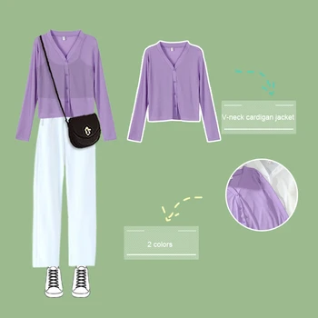 

Women's Summer New Basic Jacket Korean Sweet V-neck Outerwear Chiffon Jacket Plus Size S-2XL Purple Cardigan Jacket