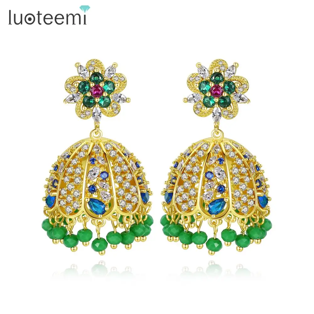 LUOTEEMI индийский Jhumka кристалл бусины Свадебные Висячие серьги для женщин Свадебные вечерние кисточки Pendientes Femme рождественские подарки