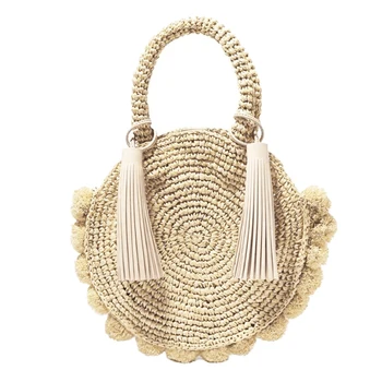 

FGGS-Fashion Round Straw Bags Bohemian Tassel Rattan Women Handbags Woven Crossbody Shoulder Bags Designer Ball Summer Beach Pur