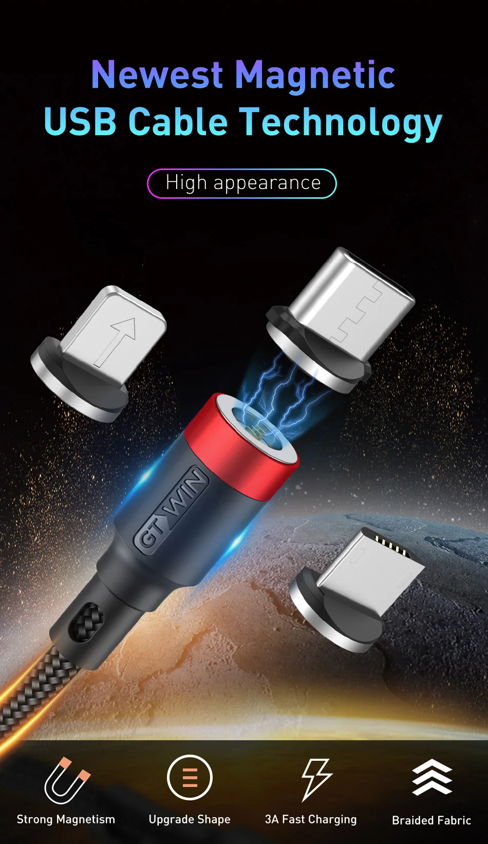 GTWIN 3M Магнитный кабель быстрой зарядки Micro Тип usb C для iPhone 11 samsung S9 магнит Зарядное устройство для передачи данных Зарядное устройство с функцией быстрой зарядки