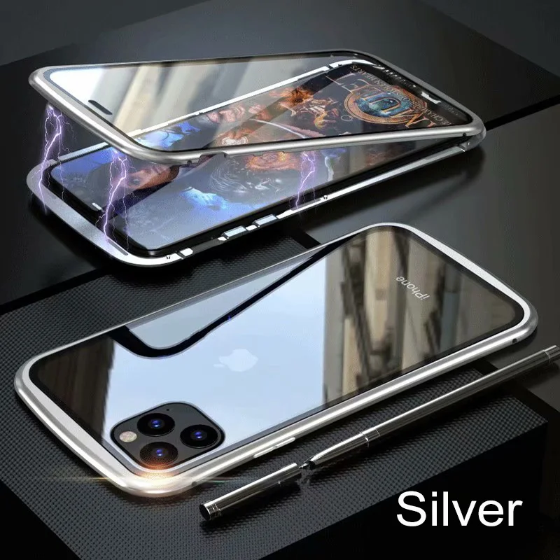 Двойное закаленное стекло чехол для iPhone 11 Pro Max чехол металлический бампер Магнитный противоударный чехол для iPhone 11 Pro X XR XS Max Coque