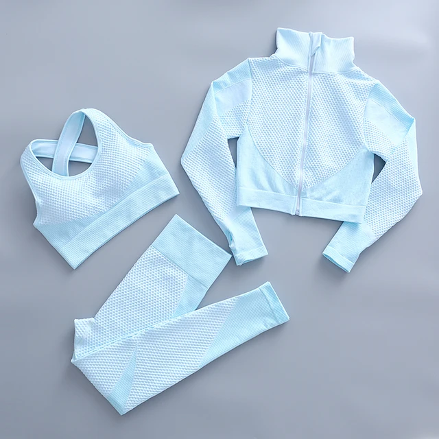 Yoga Set Workout Gym Clothing Fitness For Women's Tracksuit Outfit Leggings Sport Bras Top Long Sleeve Women Sportswear Suit 3 Pcs set Sky blue