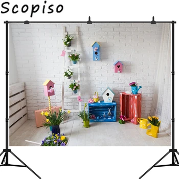

Scopiso Photography Backdrops Easter Eggs Brick Wall Ladder Rabbit Potted Flower Wooden Floor Backgrounds Photo Studio Prop