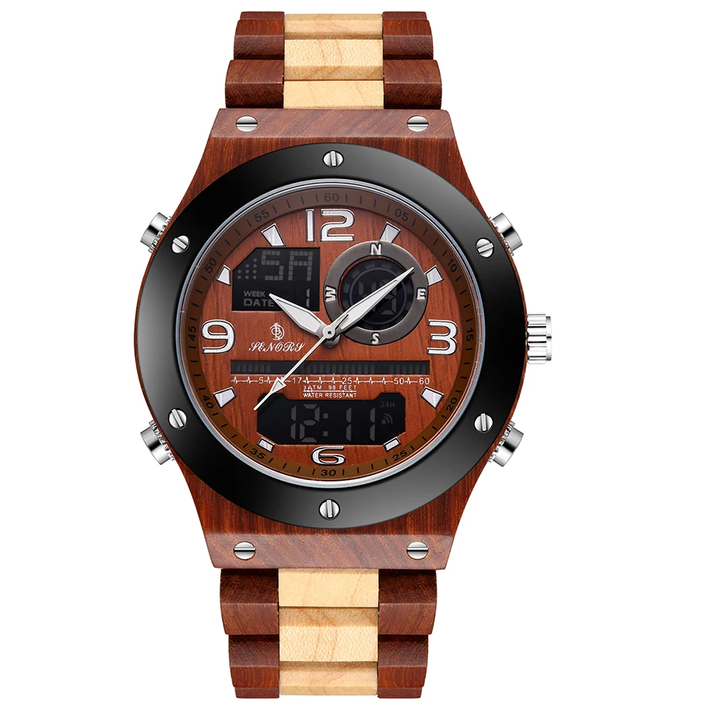 Real Wood Watch Men Dual Time Display Digital Wooden Wristwatch Relogio Masculino Solid Natural Wood Watch Male Back Light Clock