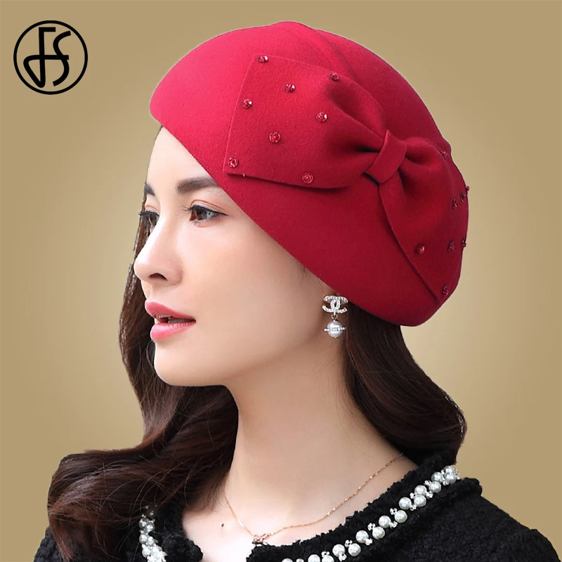 FS Модный женский красный шерстяной фетровый берет, Кепка-котелок, элегантный бантик, церковный колокол, шапки, теплые зимние фетровые шляпы