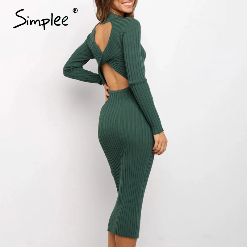 Simplee Sexy open back women's dress Solid color slim elegant long sleeve dress Party women's autumn fashion round neck 2020