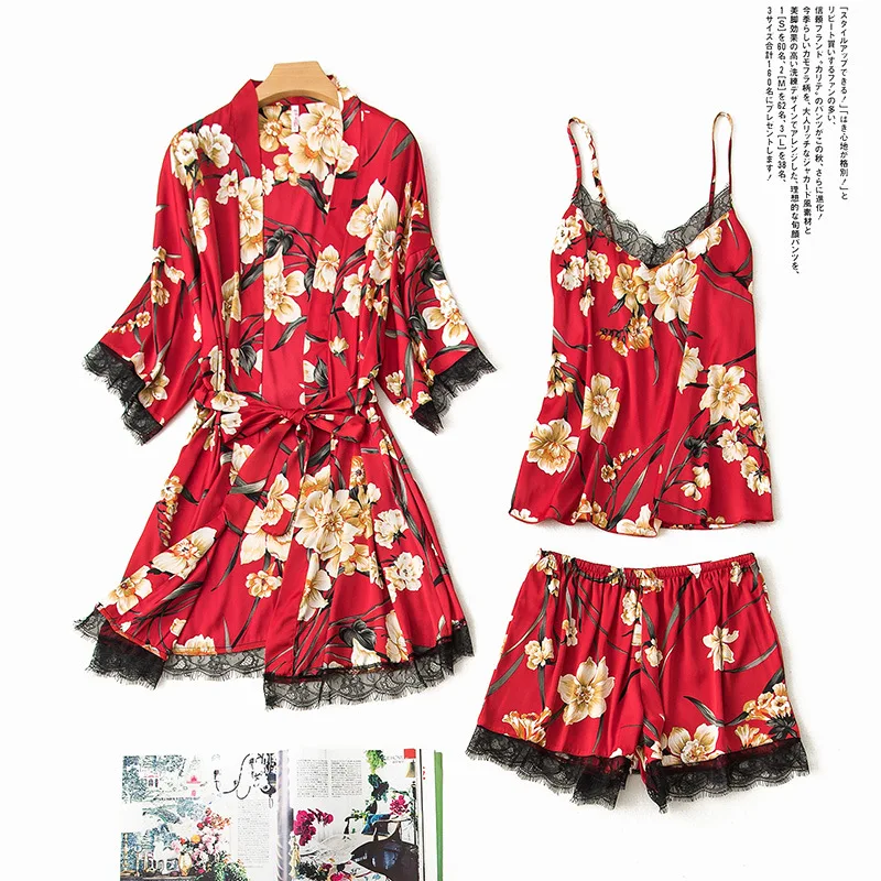 Sleepwear 3 Pieces Satin Faux Silk Autumn Sling Short Pants Homewear Woman Summer Pajamas Set Floral Printed Sleep