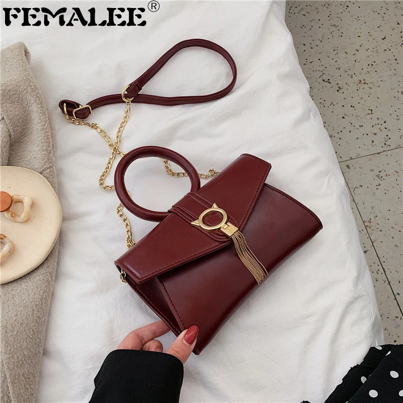 

Metal Tassel Fashion PU Leather Crossbody Bags For Women Chain Small Shoulder Messenger Bag Girls Round Handle Envelope Handbags