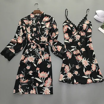 

Women Robe Gown Sets Ladies Sexy Satin Print Lace Lounge Sets Pijama Nightdress Robes Silk Pyjama Sets Two-Pieces Sleepwear