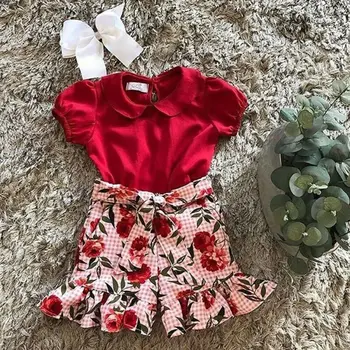 

toddler baby girl two pieces set peter collar top rose flower shorts summer suit kids girl outfit