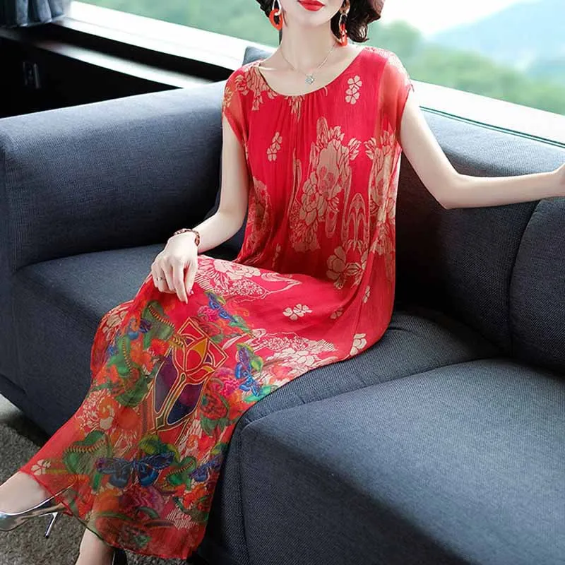 

Silk Printed Dress Women's 2019 Summer New Style Loose-Fit Long Skirts Mulberry Silk Holiday Beach Skirt-