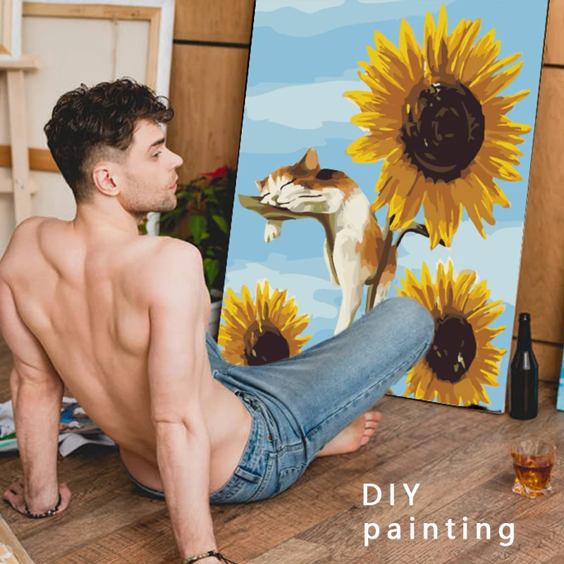 DIY Digital Oil Painting 40x50cm Hand-painted Landscape Modern Decoration Cat Sunflower | Дом и сад