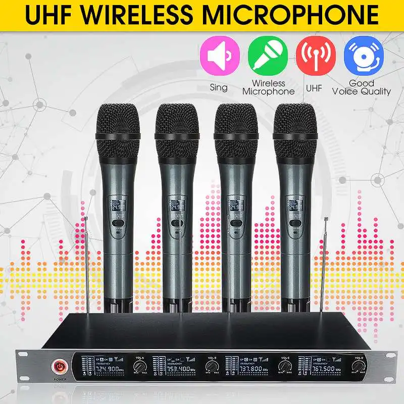 

Professional UHF Wireless Microphone System 4 Channel 4 Cordless Handheld Mic Kraoke Speech Party supplies Cardioid Microphone