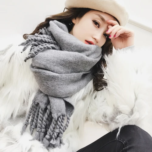 light gray Женские шарфы, новинка, зимние, одноцветные, уплотненные, подходят ко всему, длинные, теплые, мягкие, женские, s Warps, кисточка, модный шарф, простой, кавайный платок для студентов - Цвет: light gray