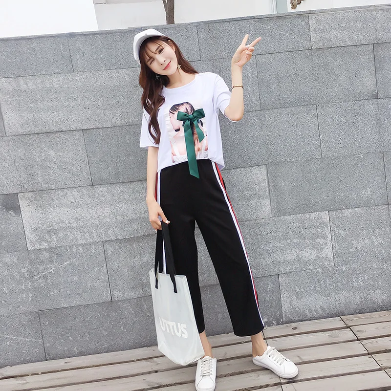 

Ozhouzhan 2019 Summer Wear New Style France Non-mainstream Western Style Printed T-shirt Casual Loose Pants Two-Piece Set Fashio