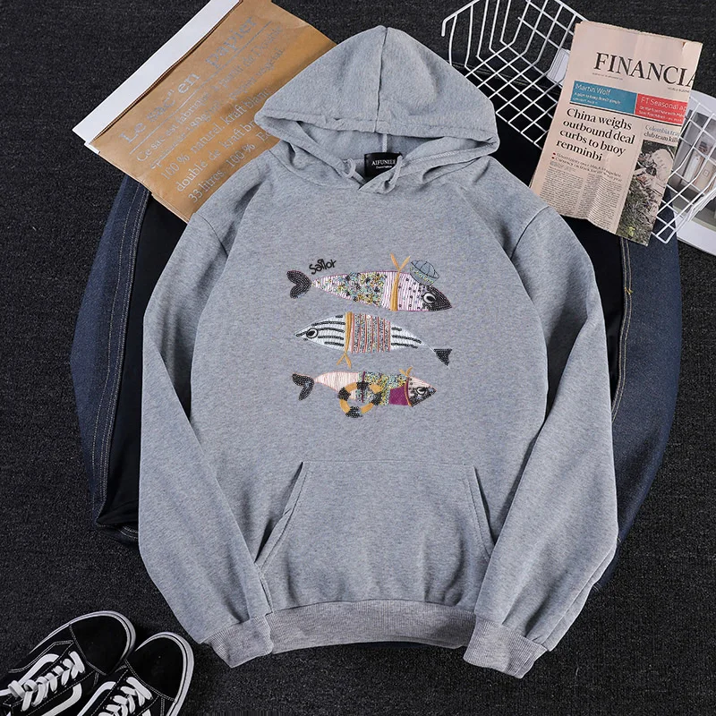 

Youth Cartoon Fish Print Harajuku Hoodie Thin Vintage All-Match Autumn Winter Korean Version Sweatshirt Hand-Painted Hip Hop Top