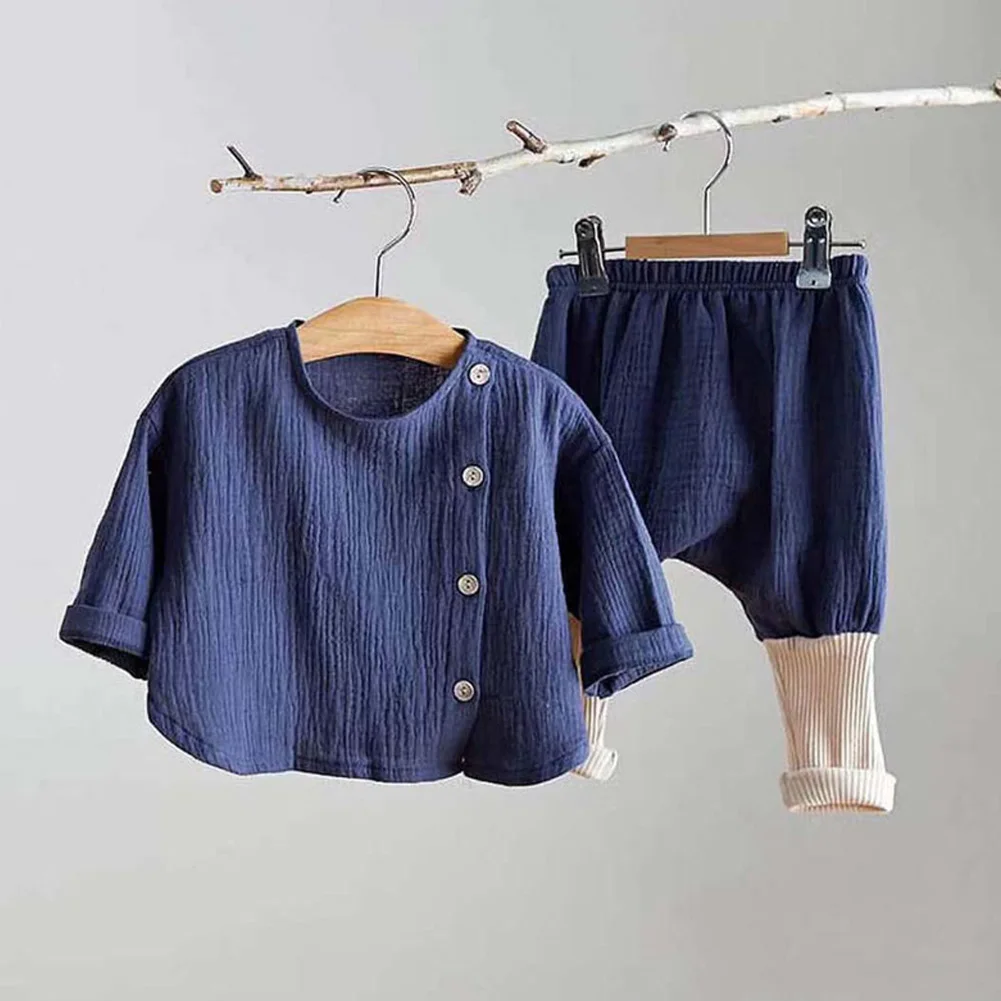 Топы для новорожденных мальчиков и девочек, футболка, длинные штаны, комплект льняной одежды из 2 предметов