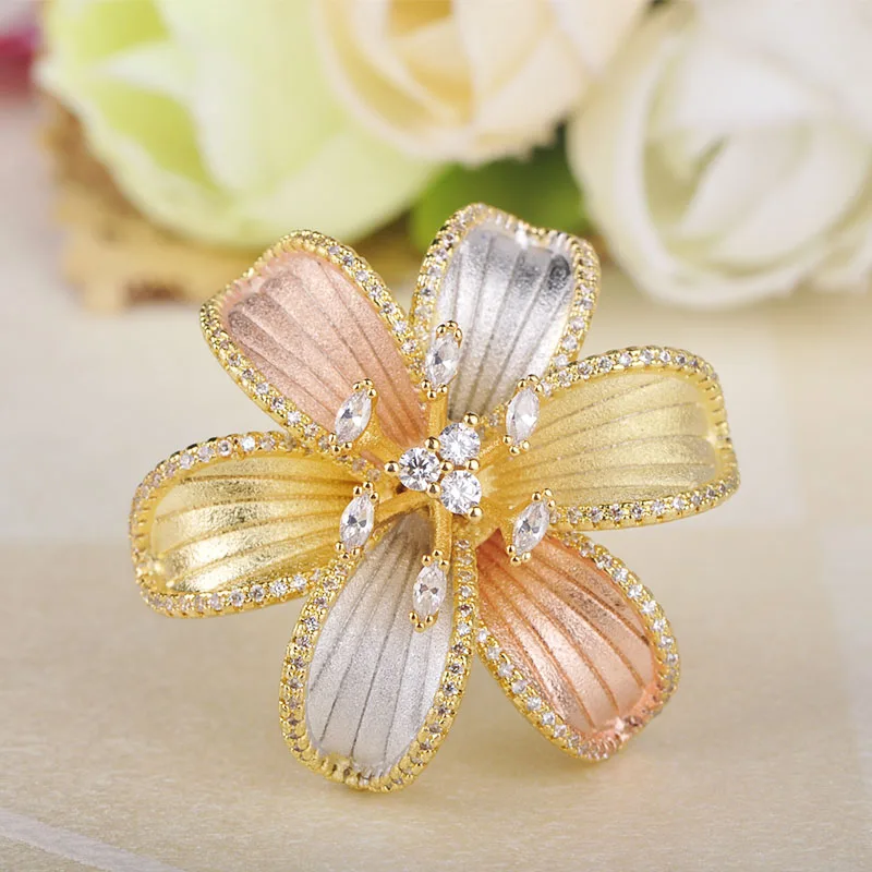 Набор Колец Blucome Flower Blossom, изысканное кольцо, 3 тонов, AAA кубический циркон, медное регулируемое кольцо, свадебный ювелирный набор