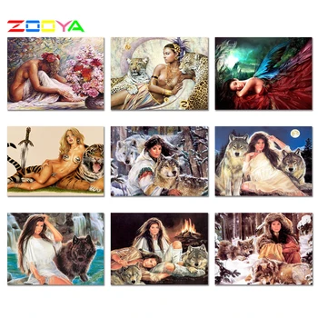 

ZOOYA New 5d DIY Diamond Painting Cross Stitch Kit Decorative Painting The Living Room Beauty Girl And The Leopard BB413