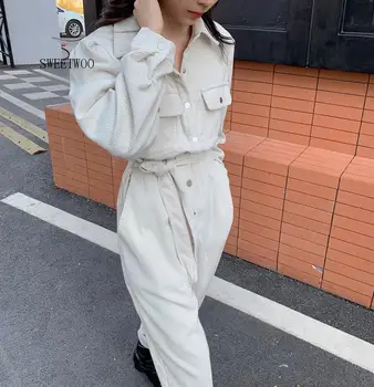 

Spring 2020 Corduroy Jumpsuits Romper Women High Fashion Button Jumpsuit Female Casual Overalls