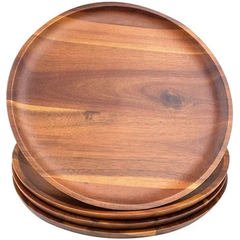 

Acacia Wood Plate, 24cm Round Wood Plate, 4 In Each Group, Easy to Clean, Light Weight, Can Be Used for Snacks, Desserts, Fruits