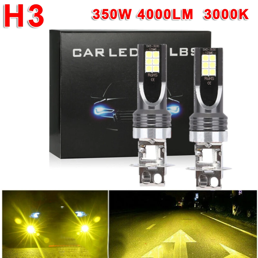 

2Pcs H3 DC 12V-24V 350W Yellow Car Vehicle LED Fog Light Lamp Conversion Bulbs Headlight Kit 4000LM 3000K Car DRL