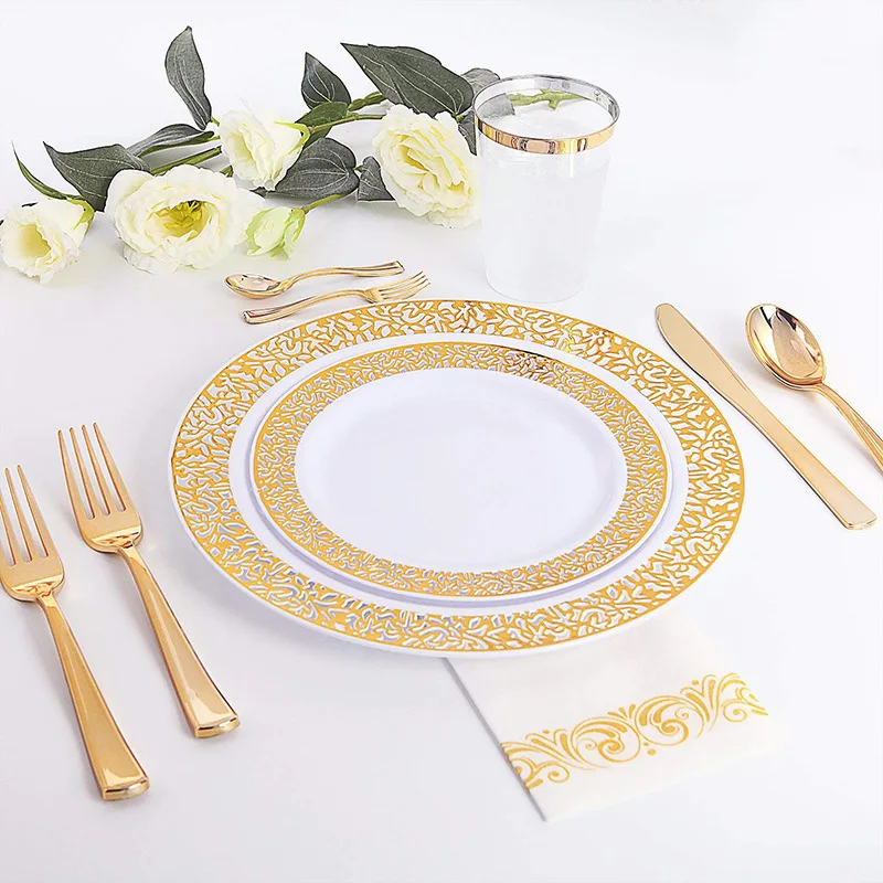 25 шт золотые одноразовые пластиковые тарелки для свадебной вечеринки набор пластиковой кухонной посуды розовое Золотое кружево столовые приборы кухонные принадлежности