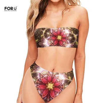 

FORUDESIGNS Fashion Floral Style Women Swimwear Sexy Art Flower Print Sexy Bandeau Top Strapless 2 Piece Bikini Set Off Shoulder