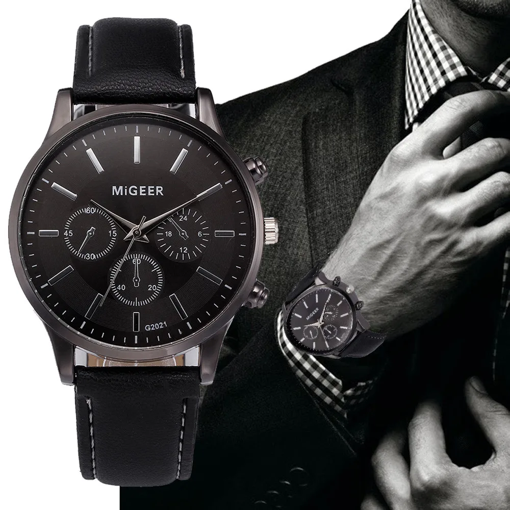 

2019 Men's Watch Retro Design Leather Band Analog Alloy Quartz Wrist Watch MiGEER Men's watches male clock hot relogio masculino