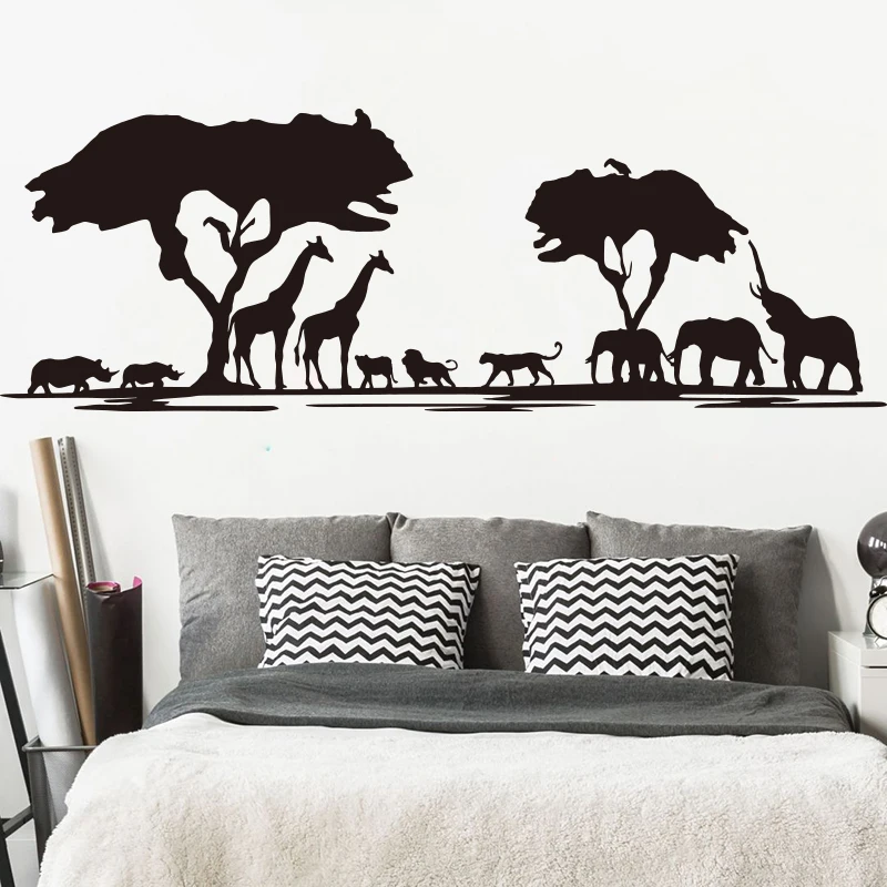 Large Safari Animal Forest Giraffe Elephant Wall Sticker Bedroom Living Room Africa Savanna Animal Tree Zoo Wall Decal Kids Room (2)