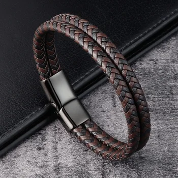 Stylish Men Leather Bracelet Stainless Steel magnetic Clasps Bangle 2020 Fashion Hiphop Punk Male Jewelry Wristband Gift