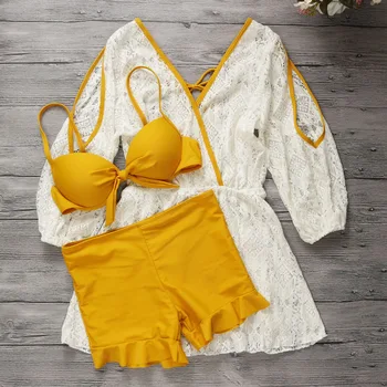 

2020 New Women Bandage Bikini Set Push Up Bathing Suit Three Piece Swimwear with Cover Up Summer Sexy Padded Swimsuit Biquinis