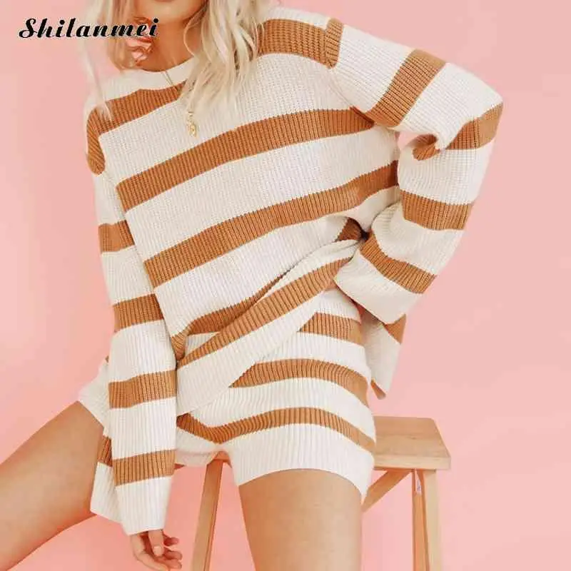 

Women Two Piece Outfits Sweater Two Piece Set Fashion Ladies Striped Long Sleeve Knitted Pullover And Short Loose Tracksuit