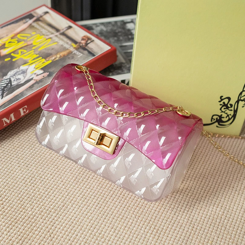

Women Jelly Bags PVC Chain Shoulder Bag Fashion Gradient Color Female Messenger Lock Handbag Ladies Multi-colored Crossbody Bag