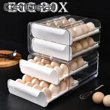 Kitchen transparent drawer type PET egg box, household double layer 32 grid egg tray refrigerator egg anti-collision storage box