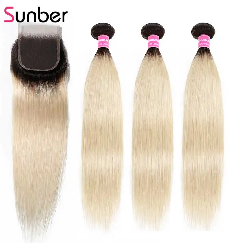 

Sunber Hair Straight 3/4 Bundles with Closure Ombre Blonde 10''-20'' Remy Human Hair T1B/613 Peruvian Hair Bundle with Closure