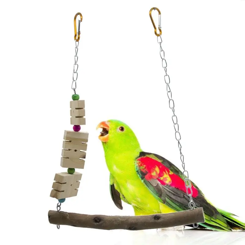 Bird Swing Perch Cage Hanging Beak Feet Grinding Parrot Toy Wood Stand with Chew Blocks Bird Toys For Conures Parakeet Cockatiel
