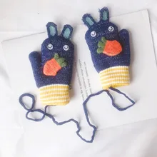 Детские перчатки для маленьких мальчиков и девочек с рисунком кролика и морковки; теплые плотные вязаные варежки; перчатки с длинными пальцами; варежки