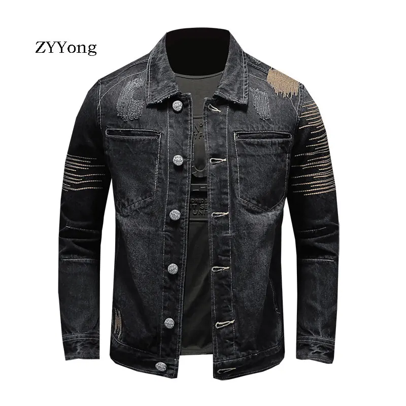 European Style Embroidery Bomber Pilot Tattered Black Denim Jacket Men Jeans Coat Motorcycle Casual Slim Outwear Clothing